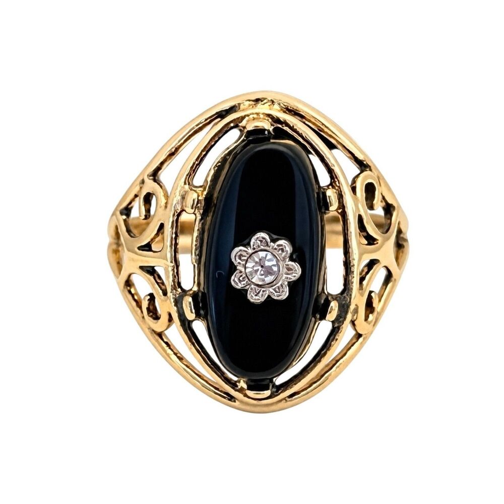 Vintage 1960s Ring Size 5 Uncas Black Onyx CZ 14KT Gold Plate - 14F